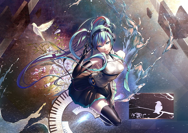 Ilustrasi karakter anime wanita berambut biru, Hatsune Miku, Vocaloid, Wallpaper HD