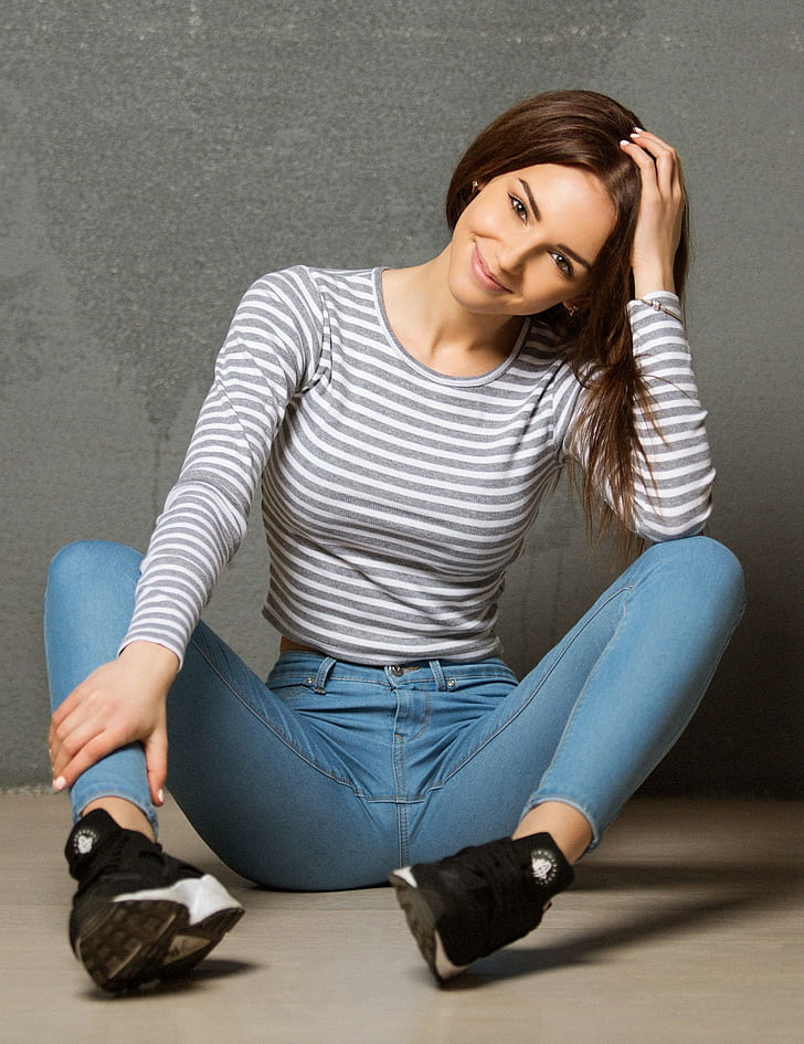 Galina Dubenenko, sitting, Aleksandr Mavrin, women, brunette, model, jeans, spread legs, striped, hands on head, HD wallpaper