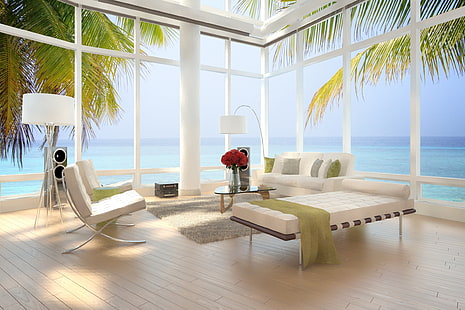 colchón blanco, diseño, palmeras, sillas, cama, interior, elegante, vista al mar, moderno, lujo, Beach Loft, Apartamento, The Beach Loft, Fondo de pantalla HD HD wallpaper