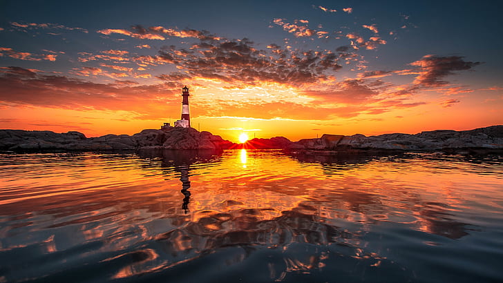 Shore, lighthouse, sunset, clouds, water reflection, red sky, white lighthouse, Shore, Lighthouse, Sunset, Clouds, Water, Reflection, Red, Sky, HD wallpaper