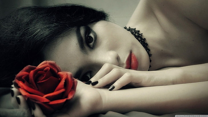 Frauen, Rose, schwarze Haare, selektive Färbung, dunkle Augen, HD-Hintergrundbild