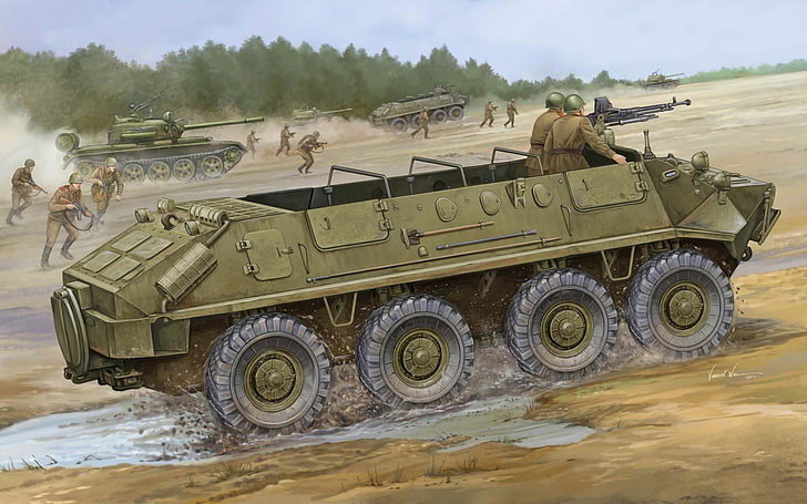 green amphibian tank illustration, BTR, Soviet, APC, floating, BTR-60П, basic, exercises., modification, HD wallpaper