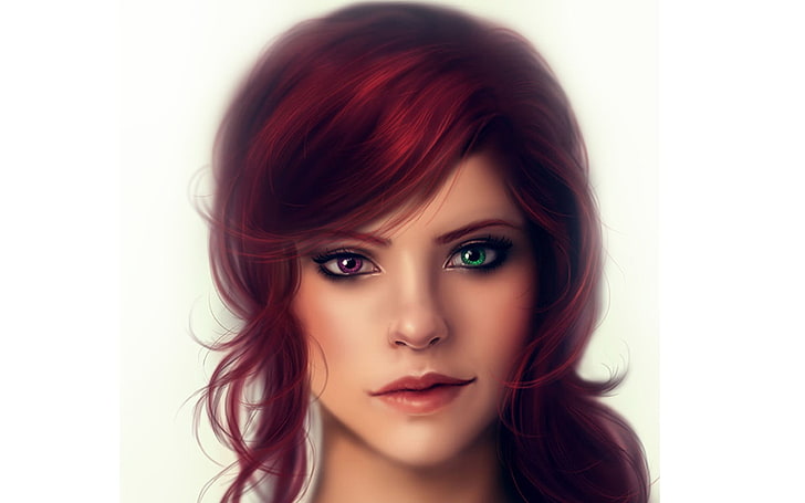 rote Lippenstiftkunst der Frauen, Grafik, grüne Augen, Rothaarige, Heterochromie, lila Augen, HD-Hintergrundbild