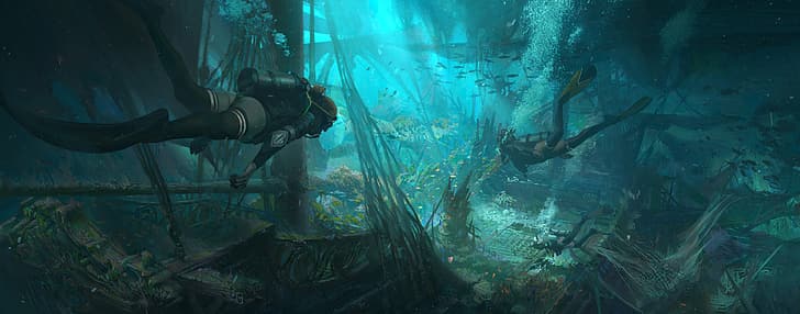 цифровое искусство, произведение искусства, иллюстрация, рисунок, под водой, подводное плавание с аквалангом, окружающая среда, руины, корабль, рыба, животные, HD обои