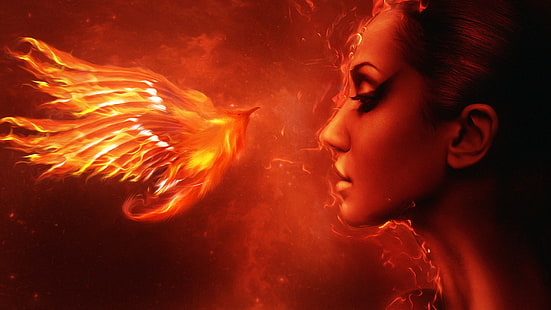 Момиче и феникс, момиче, птица, фениксът, пламъкът, HD тапет HD wallpaper