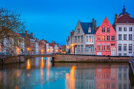 都市、家、夕方、水路、ベルギー、橋、ブルージュ、 HDデスクトップの壁紙 HD wallpaper