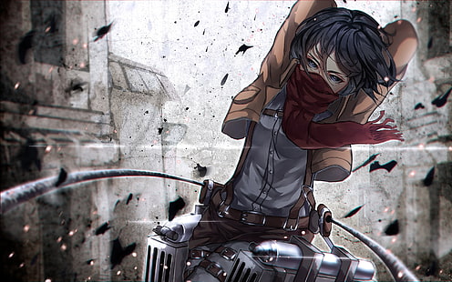 mikasa ackerman, shingeki no kyojin, красный шарф, атака на титана, аниме, HD обои HD wallpaper