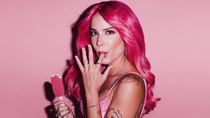 Halsey, Magnum Ice Cream (Food), singer, pink, tattoo, women, pink hair, HD wallpaper