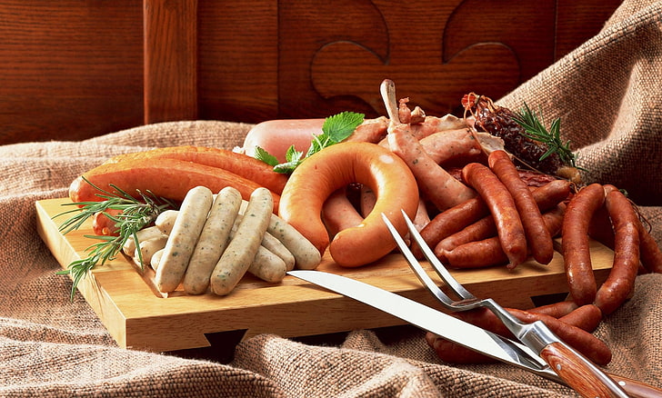 variety of sausages, sausage, variety, meats, HD wallpaper
