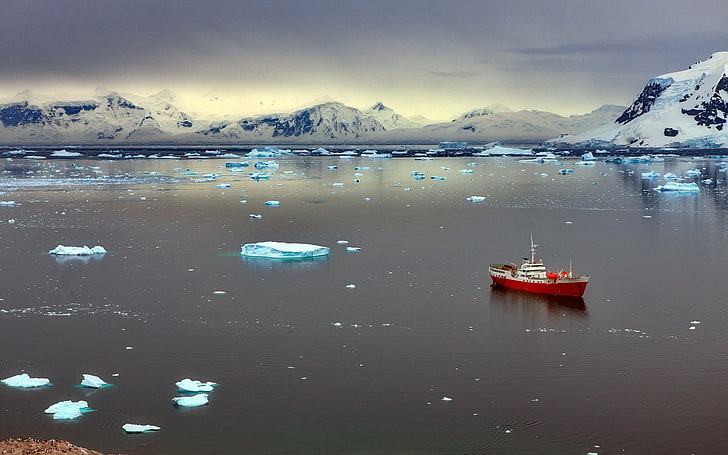 Antarctica, clouds, ice, Iceberg, landscape, mountain, nature, reflection, sea, ship, snow, sunlight, water, HD wallpaper