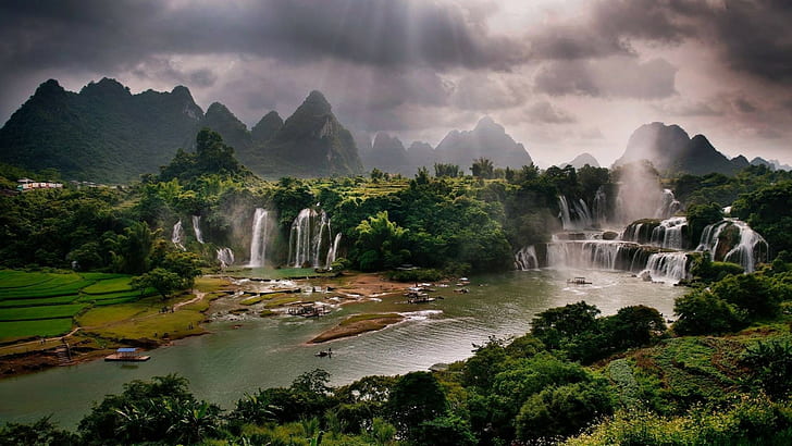 Vietnam, cascate, cascate, Vietnam, cascate, fiume, raggi del sole, natura meravigliosa, hd-, Natura s, Sfondo HD