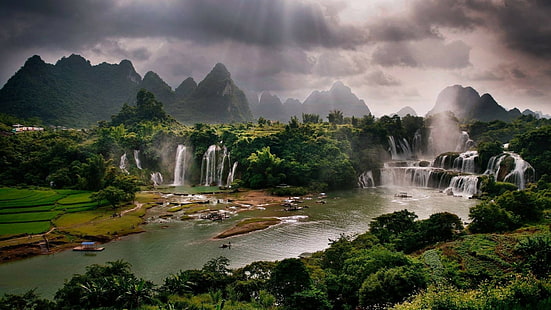 Виетнам, водопади, водопади, Виетнам, водопади, река, слънчеви лъчи, невероятна природа, hd-, природа, HD тапет HD wallpaper