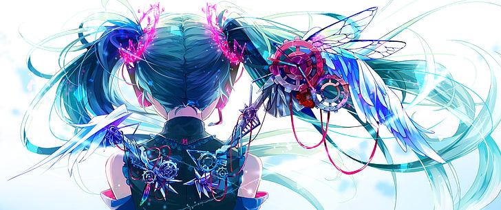 Anime, Anime Girls, Vocaloid, Hatsune Miku, Fan Art, langes Haar, Twintails, weißer Hintergrund, blaues Haar, Kopfhörer, HD-Hintergrundbild