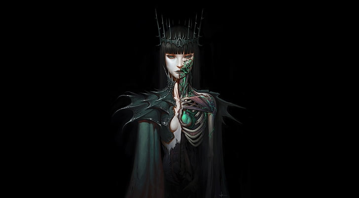 mulher coroada com vestido verde e preto, fantasia arte, obras de arte, Hel, HD papel de parede