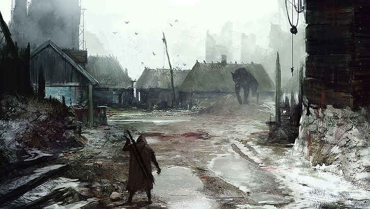 peinture homme et loup, The Witcher, Geralt of Rivia, The Witcher 3: Wild Hunt, Fond d'écran HD