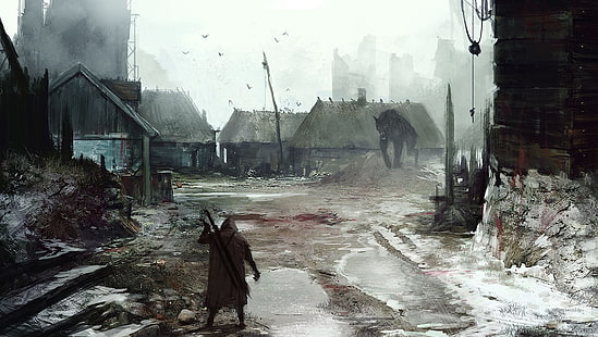 peinture homme et loup, The Witcher, Geralt of Rivia, The Witcher 3: Wild Hunt, Fond d'écran HD HD wallpaper