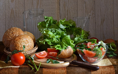 salad, food, vegetables, tomatoes, bread, knife, HD wallpaper HD wallpaper