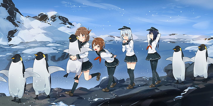 Anime, Kantai Collection, Akatsuki (KanColle), Hibiki (Kancolle), Ikazuchi (Kancolle), Inazuma (Kancolle), Mountain, Penguin, Snow, HD wallpaper