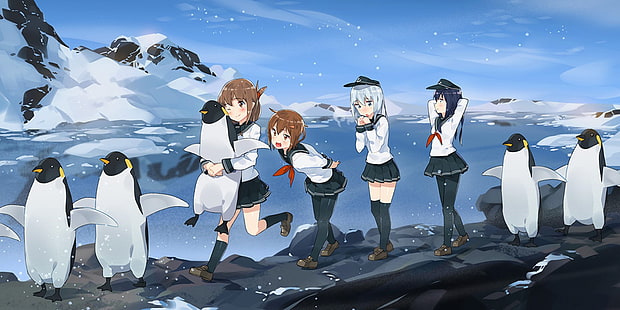 Anime, Koleksi Kantai, Akatsuki (KanColle), Hibiki (Kancolle), Ikazuchi (Kancolle), Inazuma (Kancolle), Gunung, Penguin, Salju, Wallpaper HD HD wallpaper
