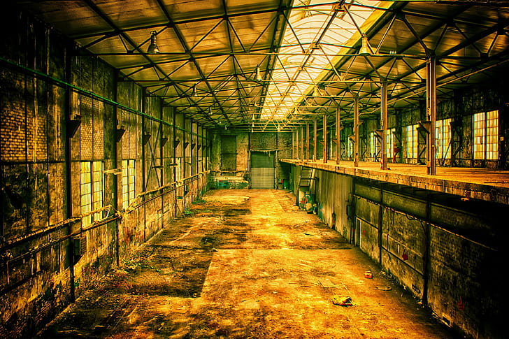 building, decay, empty, factory, hall, industrial plant, industry, lapsed, leave, lost places, old, old factory, pforphoto, production, ruin, run down, space, transience, work, HD wallpaper