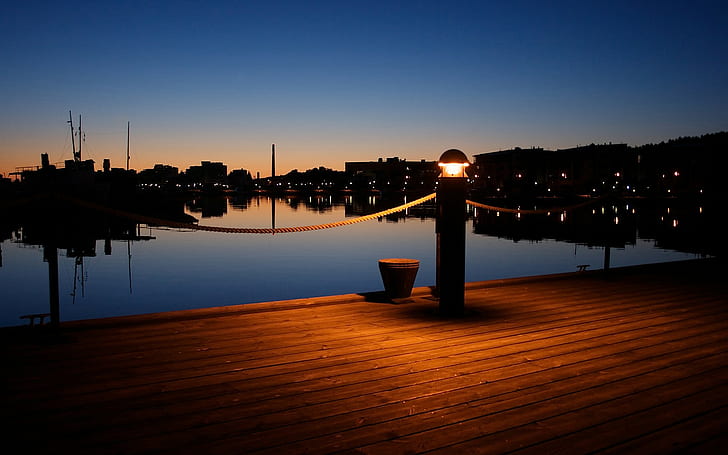Finlande, port, silhouette, jetée, coucher de soleil, bois, lumières, Fond d'écran HD