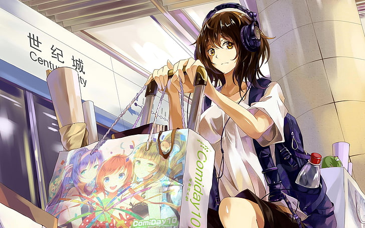 female anime character, anime, anime girls, headphones, schoolgirl, HD wallpaper