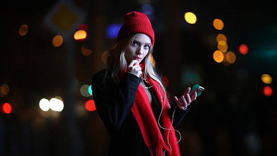 lights, iPhone, girl, Model, long hair, photo, blue eyes, lips, face, coat, blonde, scarf, smartphone, portrait, hood, mouth, looking at camera, depth of field, finger on lips, straight hair, looking at viewer, black coat, HD wallpaper HD wallpaper
