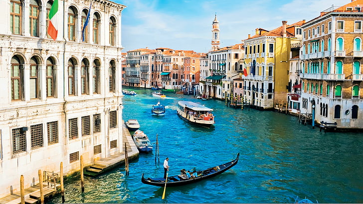 stad, båt, kanal, himmel, turism, kanal, vattentransport, stor kanal, vattenväg, italien, gondol, vatten, resa, sommar, semester, europa, Venedig, HD tapet