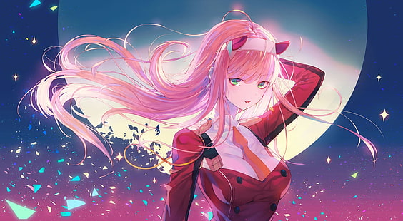 älskling i franxx, noll två, rosa hår, måne, partiklar, Anime, HD tapet HD wallpaper