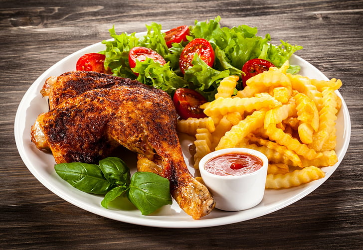 Food, Meal, Chicken, French Fries, Meat, Salad, Tomato, HD wallpaper
