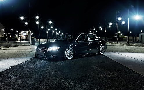 sedan hitam Audi A4, malam, kota, Audi, lampu, audi a4, Wallpaper HD HD wallpaper