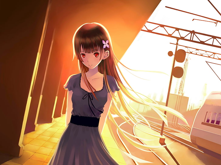 animated woman illustration, sankarea, girl, sunset, railway station, HD wallpaper