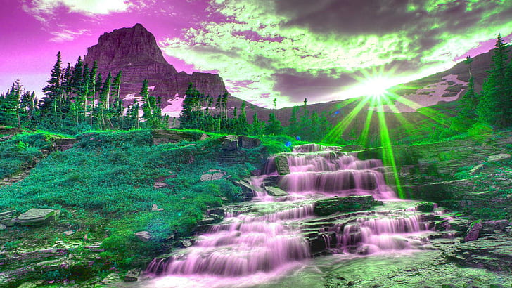 Waterfall High Quality Hd . Jpg, green and purple water falls illustration, trees, sunshine, mountins, fantasy, waterfall, 3d and abstract, HD wallpaper