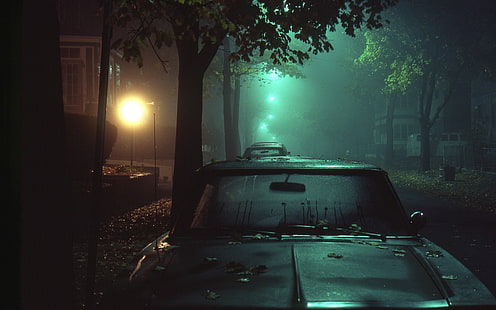 siyah araba, sokak, araba, gece, sokak lambası, karanlık, ışıklar, sis, HD masaüstü duvar kağıdı HD wallpaper