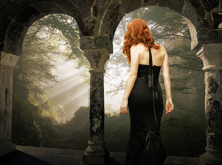 forest, girl, rays, light, branches, nature, pose, fog, style, castle, mood, Gothic, back, treatment, morning, dress, black, art, arch, columns, red, brown hair, curls, long-haired, look into the distance, photoart, is back, hotesse, HD wallpaper