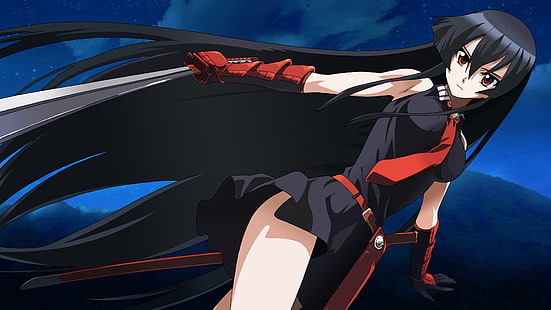 Anime, Akame ga Kill !, Akame (Akame Ga Kill!), Bälte, svart klänning, svart hår, moln, klänning, flicka, handske, Katana, långt hår, natt, röda ögon, himmel, slips, vapen, HD tapet HD wallpaper