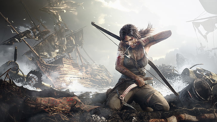 woman with bow illustration, Tomb Raider, video games, rain, Lara Croft, shipwreck, HD wallpaper