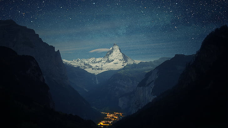 природа, небо, горы, Маттерхорн, Швейцария, звёзды, ночь, HD обои