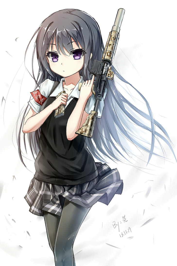 аниме, аниме девушки, пистолет, оружие, длинные волосы, фиолетовые глаза, AR-15, HD обои, телефон обои