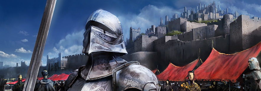 carta da parati cavaliere, cavaliere, castello, guardie, armatura, medievale, argento, lucido, Sfondo HD HD wallpaper