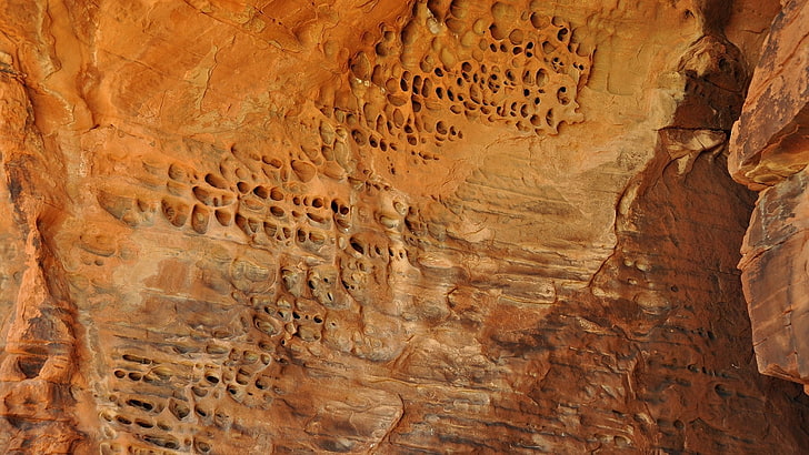 beige rock formation, cave, holes, walls, HD wallpaper
