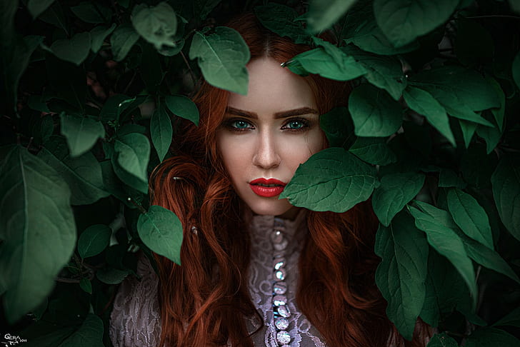green eyes, redhead, face, leaves, Georgy Chernyadyev, HD wallpaper