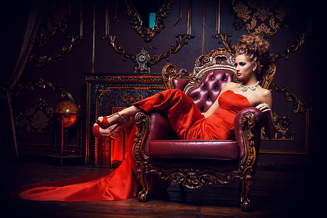 robe rouge femme décolleté chérie, fille, pose, intérieur, collier, maquillage, robe, coiffure, chaussures, cheveux bruns, belle, assis, en rouge, sur une chaise, Fond d'écran HD HD wallpaper
