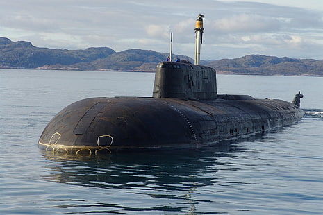 черна подводница, море, залив, спокойствие, проект, ракети, SSGN, ядрена подводница, 949А OSCAR-II, с противокорабен круиз, HD тапет HD wallpaper