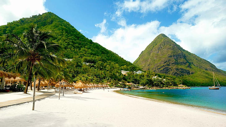 Saint Lucia Karayipler Sugar Beach Resort ve Dağ Gros Piton kumlu plajı 1920 × 1080, HD masaüstü duvar kağıdı