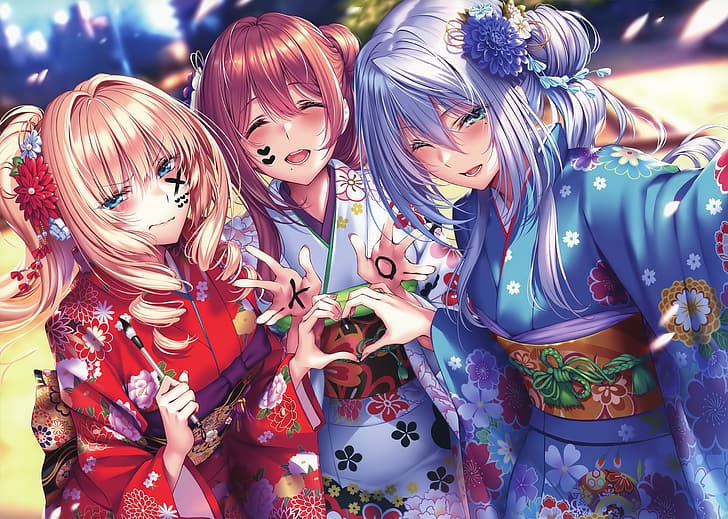 Anime Girls, Piromizu, japanischer Kimono, Gruppe von Frauen, HD-Hintergrundbild