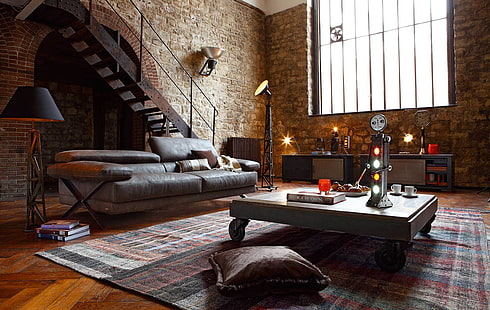 серый кожаный диван и квадратный деревянный журнальный столик, дизайн, стиль, интерьер, гостиная, лофт, HD обои HD wallpaper