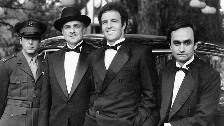 โทนสีเทาของผู้ชาย, ภาพยนตร์, ผู้ชาย, นักแสดง, ตำนาน, The Godfather, Vito Corleone, Michael Corleone, Marlon Brando, Al Pacino, ขาวดำ, ชุดสูท, เครื่องแบบ, หมวก, รถเก่า, John Cazale, James Caan, 1972, ครอบครัว, อันธพาล, ทหาร, วอลล์เปเปอร์ HD