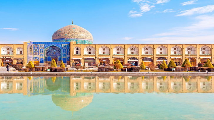 iran, moschea, architettura, punto di riferimento, riflessione, esfahan, turismo, cupola, cielo, attrazione turistica, costruzione, palazzo, persiano, acqua, architettura iraniana, Sfondo HD