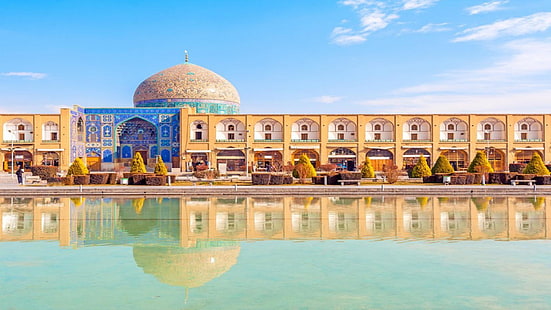 Иран, мечеть, архитектура, ориентир, отражение, Исфахан, туризм, купол, небо, туристическая достопримечательность, здание, дворец, персидский, вода, иранская архитектура, HD обои HD wallpaper